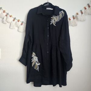 Solitaire Black Embroidered Embellish Button Down Fit&Flare Tunic Dress 2x